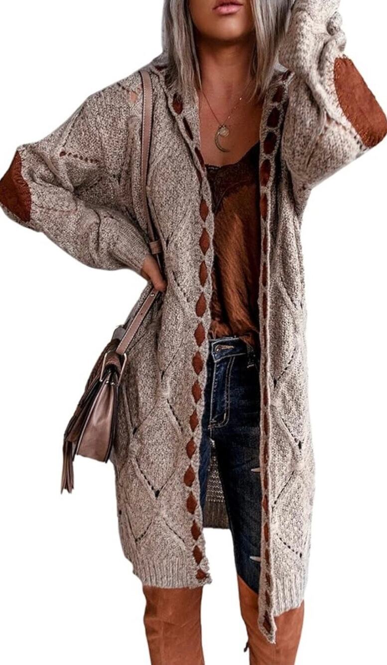 POL Hooded Chunky Cable Knit Cardigan Medium Long Sweater Duster Elbow Patch